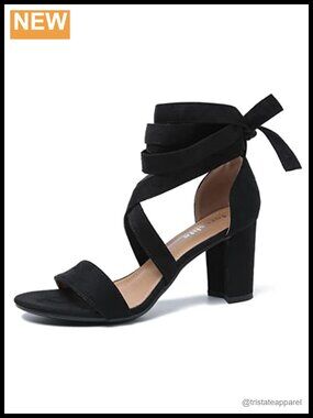 Strappy Lace Up Ankle Wrap Block Heel Sandals Open Toe Chunky Heel 3 Inch
